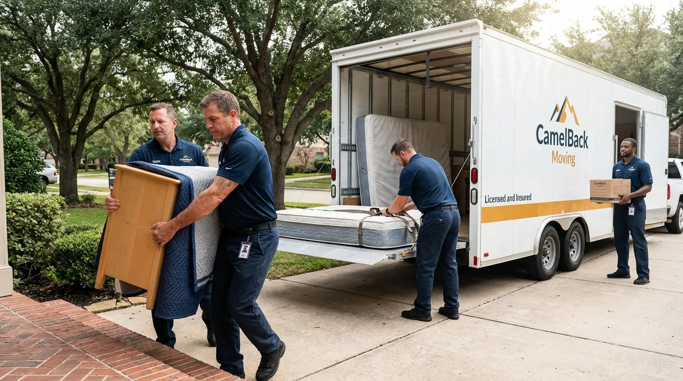 Crew loading residential truck for cross-state move from Coleman, TX