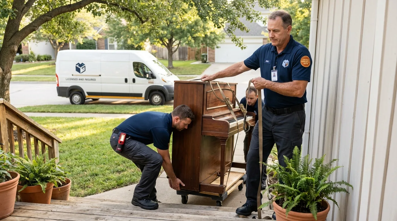 Licensed piano movers securing grand piano in Coleman, TX