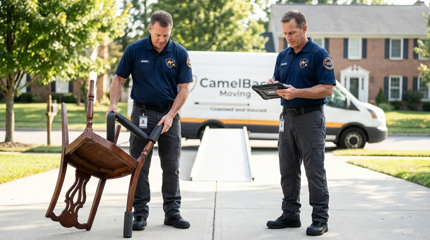 Movers inspecting furniture for damage prevention before loading in Coleman, TX