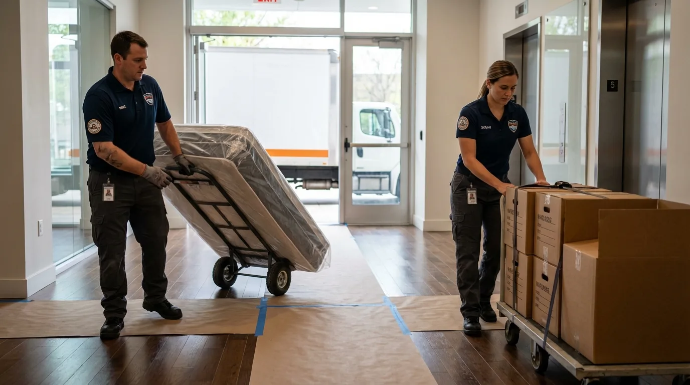 Professional apartment movers loading elevator in Coleman, TX